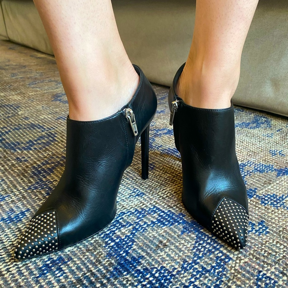 SAINT LAURENT black leather ankle boots heels with silver mini studs size 6